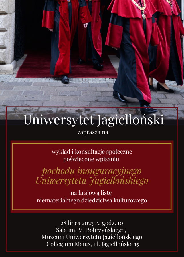 Plakat przedstawiający profesorów ubranych w tradycyjne togi podczas pochodu inauguracyjnego.